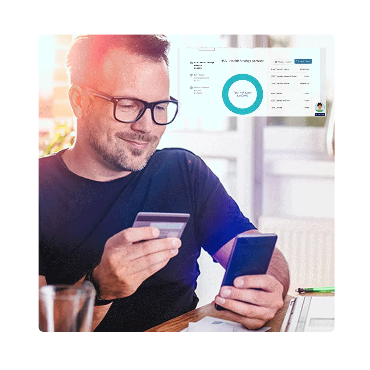 Man smiling holding a MyChoice account card using his cell phone looking at his personal benefits dashboard.